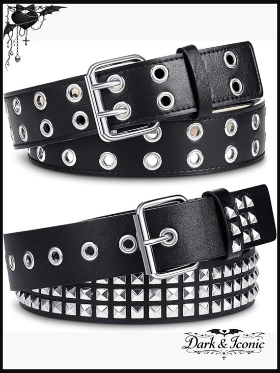 Studded Punk Rivet Belt & Double Grommet Belt Set PU Leather Y2K
